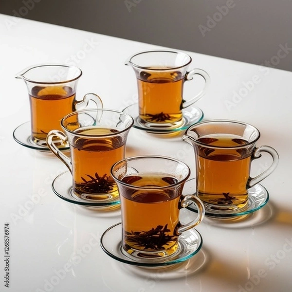 Obraz "A row of four traditional Turkish tea glasses filled with deep amber-colored tea, isolated on a white background. Each glass has a unique elegant design, some with curved shapes and some with handles