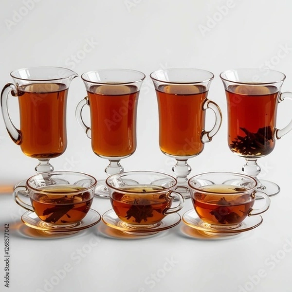 Obraz "A row of four traditional Turkish tea glasses filled with deep amber-colored tea, isolated on a white background. Each glass has a unique elegant design, some with curved shapes and some with handles