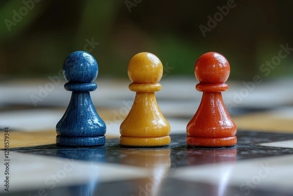 Fototapeta Close up of a chess board featuring pawns in a strategic game of chess with blurred background