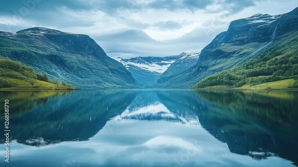 Fototapeta Serene lake surrounded by mountains and a mountain range under a clear blue sky