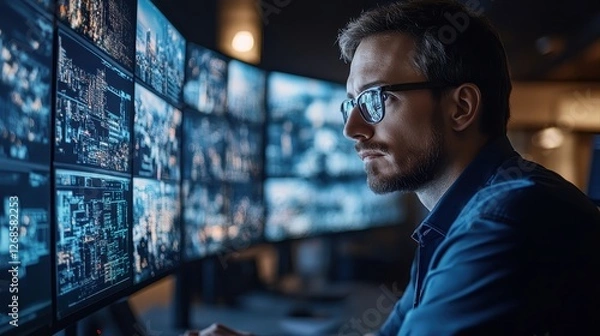 Fototapeta Man analyzing data on computer screen for project management and strategic planning in office environment