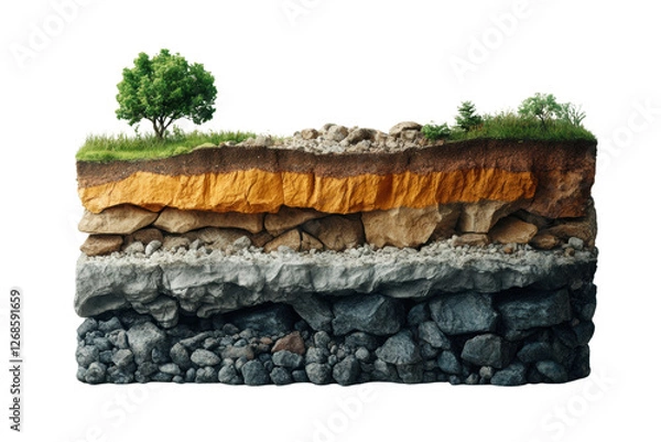Fototapeta Soil layers with greenery, white isolate background