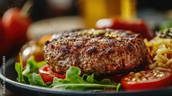Fototapeta A succulent grilled burger rests on a plate filled with fresh greens and ripe tomatoes. Colorful sides accompany the dish in an inviting outdoor atmosphere