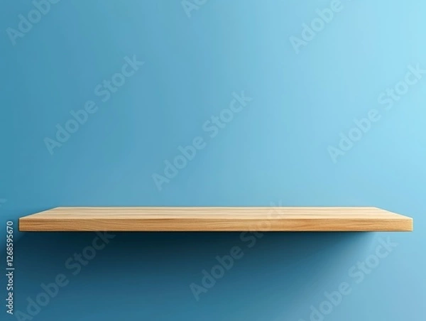 Obraz Single floating wooden shelf against a blue wall.