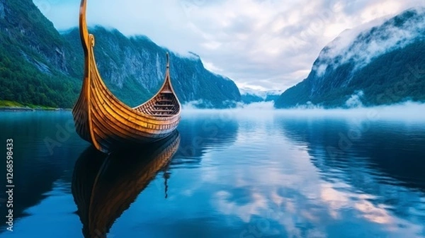 Fototapeta Wooden ship on calm water, reflecting mountains and mist in the fjord. Golden hour lighting, serene atmosphere. 