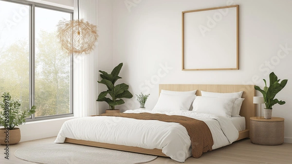 Fototapeta Modern Minimalist Bedroom Interior: A serene and inviting minimalist bedroom features a plush white bed with a brown throw, flanked by potted plants, a stylish rattan pendant lamp.