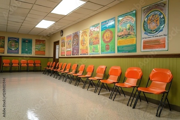 Fototapeta Public health awareness posters displayed in a community center 