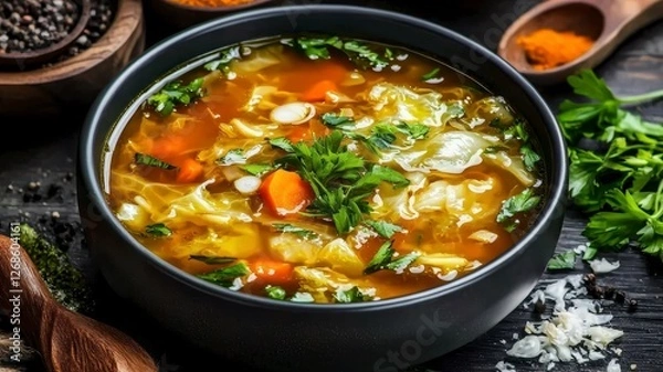 Fototapeta Hearty cabbage soup concept. A vibrant bowl of vegetable soup garnished with fresh herbs, showcasing colorful ingredients in a rich broth.