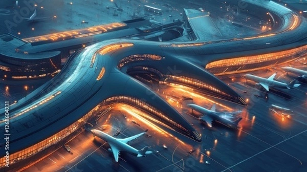 Obraz Futuristic Airport Design at Night:  A Stunning Aerial View of a Modern, Sleek Terminal with Airplanes and Illuminated Runways
