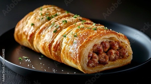 Fototapeta Sausage roll on a black plate, isolated against a dark background. Close-up view. Stock photo contest winner, award-winning photography, high-resolution stock photo, full of details, hyper-realistic 