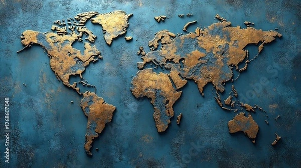 Fototapeta Rustic bronze world map dramatically etched on deep blue metal background. AI Generated