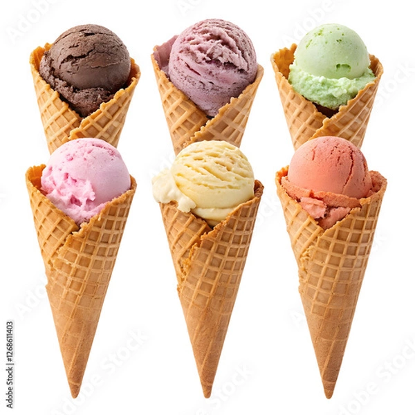 Fototapeta Colorful ice cream cones arranged in a row with various flavors on a clean surface