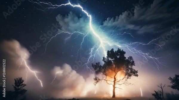Fototapeta a lightning strikes across the sky from a tree in a field at night time in this composite image