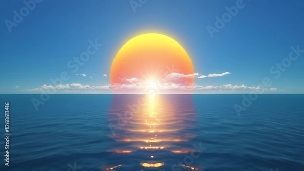 Fototapeta an orange object in the middle of water with clouds and light shining brightly on it