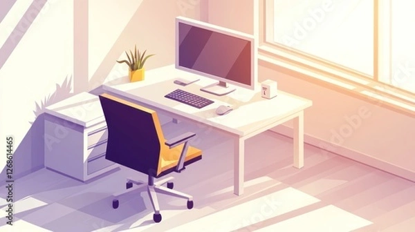 Fototapeta Isometric home office workspace with computer, chair, and plant.  Possible use stock photo