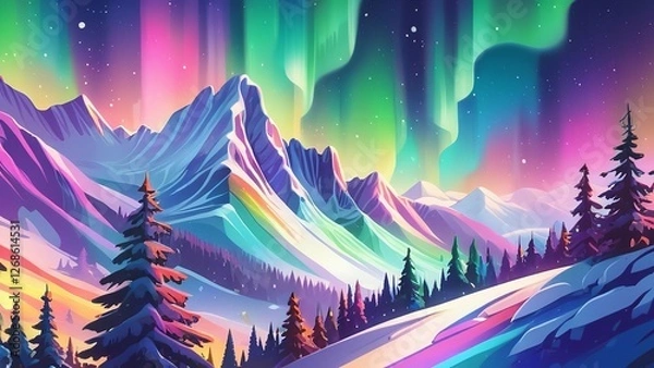 Obraz a brightly colored landscape with snow, mountains, and trees under the lights of the aurora bore