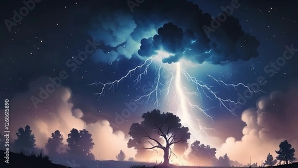Fototapeta a lightning strikes across the sky from a tree in a field at night time in this composite image