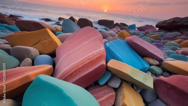 Fototapeta bright colorful rocks on beach with sea at sunset time and sun going down behind it
