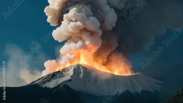 Fototapeta an island that has a big pile of fire and water in it and smoke coming out of the top