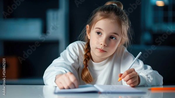 Obraz Child focused on writing in a dimly lit room.