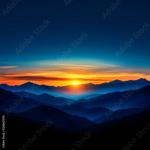Fototapeta Vibrant Sunset Over Silhouetted Mountain Ranges