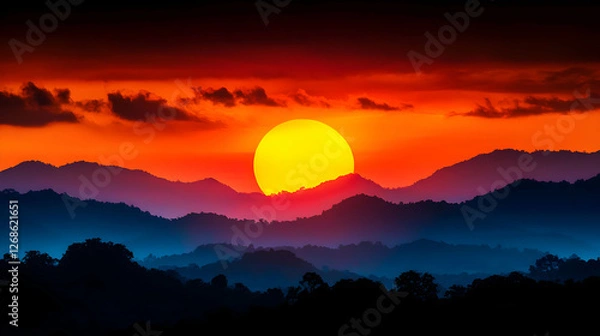 Obraz Vibrant Sunset Over Silhouetted Mountains