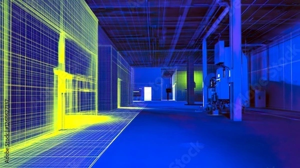 Obraz Single-photon laser scanning a distant object with 3D grid overlay, showcasing advanced LiDAR precision.