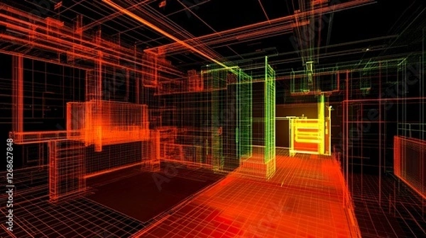Obraz Single-photon laser scanning a distant object with 3D grid overlay, showcasing advanced LiDAR precision.