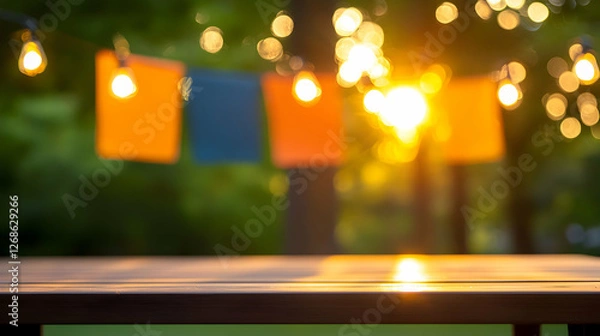Obraz Warm Sunset with String Lights and Wooden Table