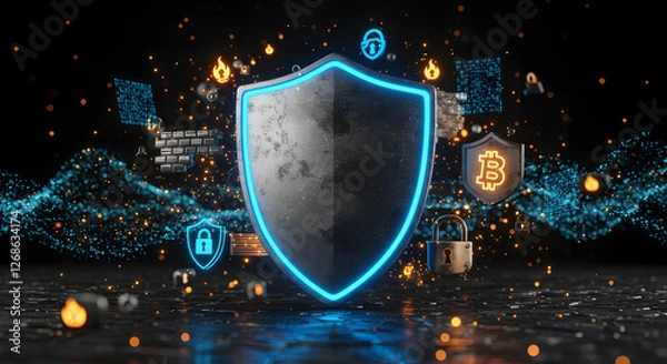 Fototapeta Cybersecurity Shield Protecting Cryptocurrency and Blockchain Technology