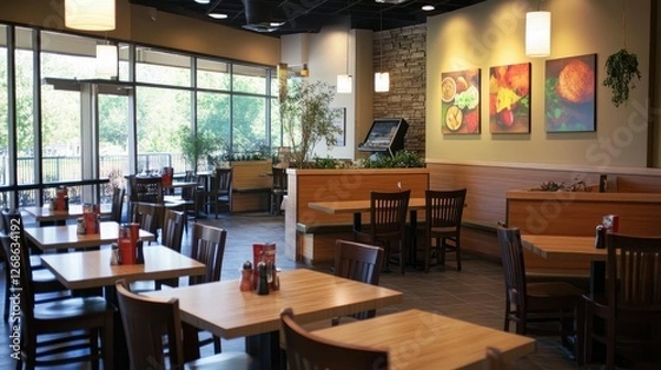 Fototapeta Sophisticated wood-tone cafe with natural wooden tables, contemporary seating, and a soft, inviting glow.