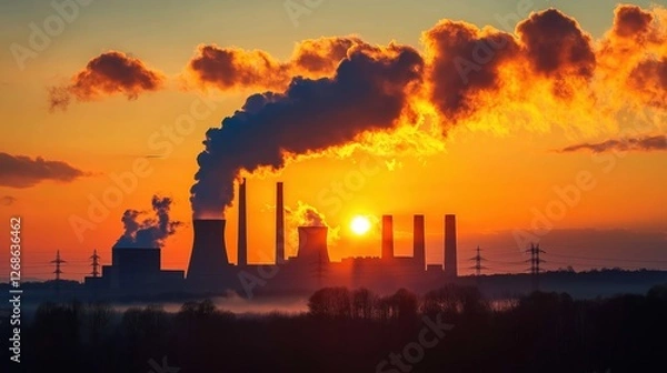 Fototapeta Power plant smokestacks releasing smoke against an orange sunset sky, concept of air pollution and climate change