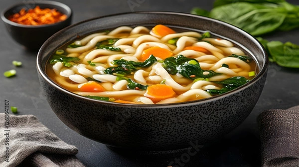Fototapeta Udon noodle soup with carrots and spinach, dark background