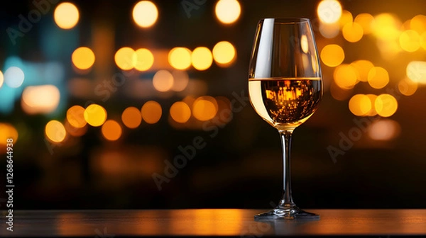 Fototapeta White Wine Glass on Dark Wooden Table with Warm Bokeh Lights