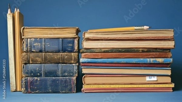 Fototapeta A pile of textbooks with clean spines, sitting next to sharpened pencils, rulers, and sticky notes, symbolizing education