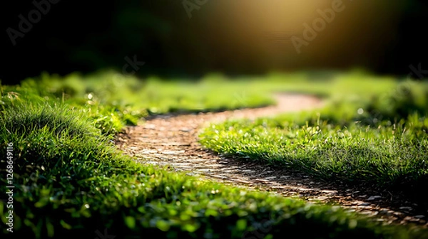 Fototapeta Winding Path Through Lush Green Grass in Sunlight