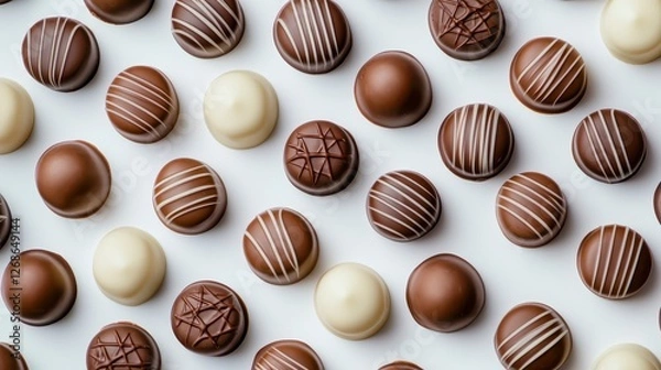 Fototapeta High angle shot of an array of assorted chocolate truffles with intricate designs. The chocolates, varying in milk and white hues, are set against a