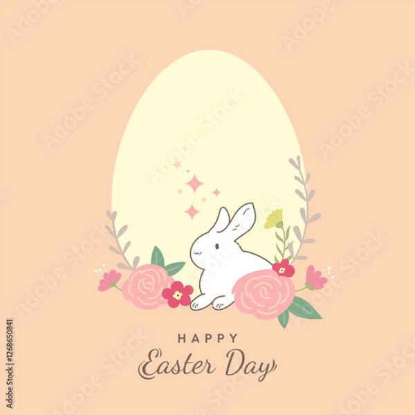 Fototapeta Easter card with a frame of eggs, a bunny, and flowers. Greeting card. Vector illustration.