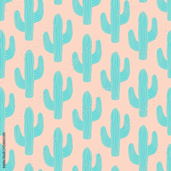 Obraz Seamless pattern with cactus in blue on pink background.