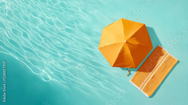 Fototapeta Yellow Beach Umbrella and Towel on a Turquoise Pool