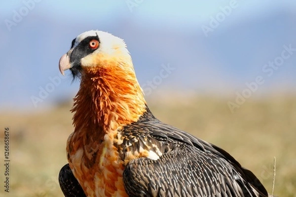 Fototapeta BEARDED VULTURE (Gypaetus barbatus) .  close up detail of face and plumage.  highly endangered .