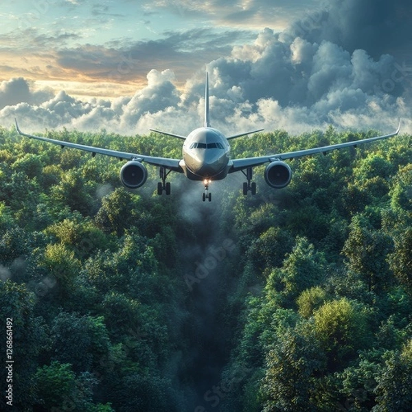 Fototapeta A Majestic Airplane Descending Through a Verdant Canopy Under a Dramatic Sky, Capturing the Essence of Air Travel and Nature's Beauty.