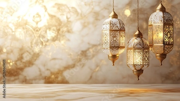 Fototapeta Three ornate gold and white hanging lanterns against a marble background.