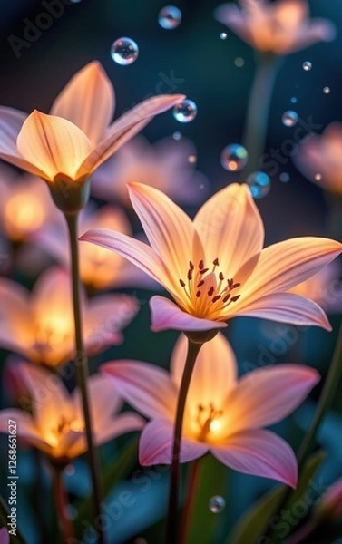 Fototapeta A stunning close-up of vibrant, glowing flowers in full bloom, illuminated with soft golden light.
