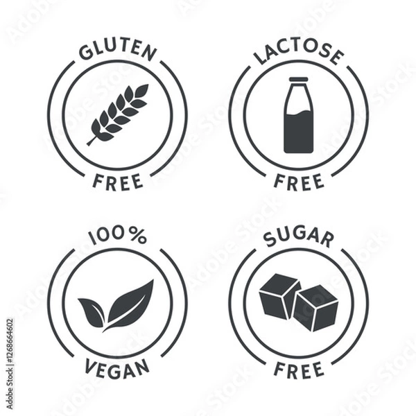 Obraz Set of vegan badges. Gluten, lactose, sugar free. Product packaging labels