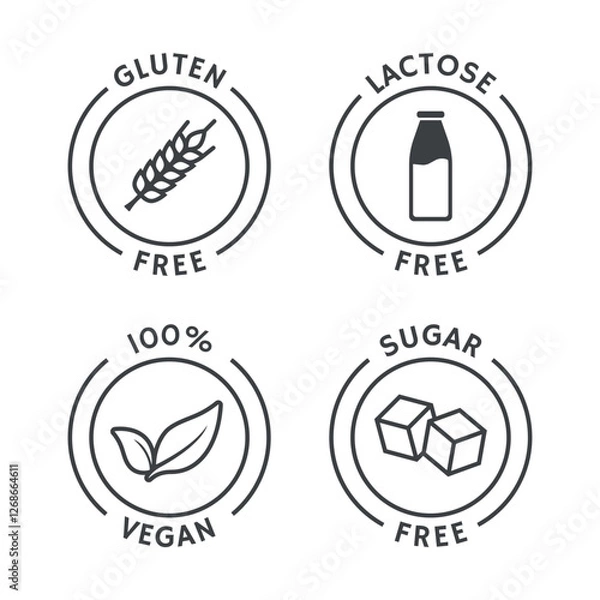 Obraz Set of vegan badges. Gluten, lactose, sugar free. Product packaging labels