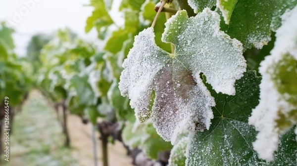 Obraz Grapevine leaves covered in white powdery mildew, affecting the vineyard crop