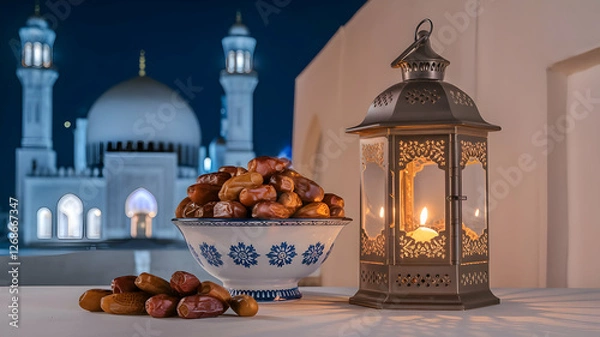 Fototapeta Ramadan Lantern and Dates with Mosque in Background at Night