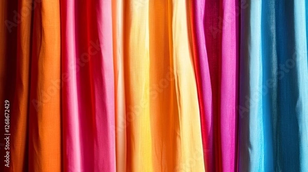 Fototapeta Curtain unveils vibrant hues, abstract backdrop, soft light; a moment of discovery and transformation.