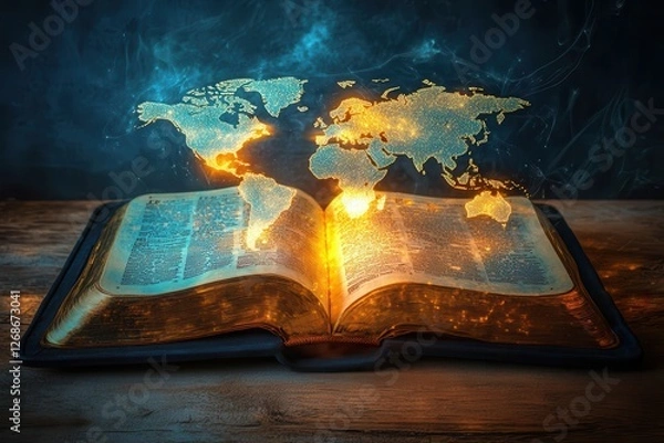 Fototapeta A glowing Bible casting light onto a world map, with pathways of light connecting diverse cultures and continents